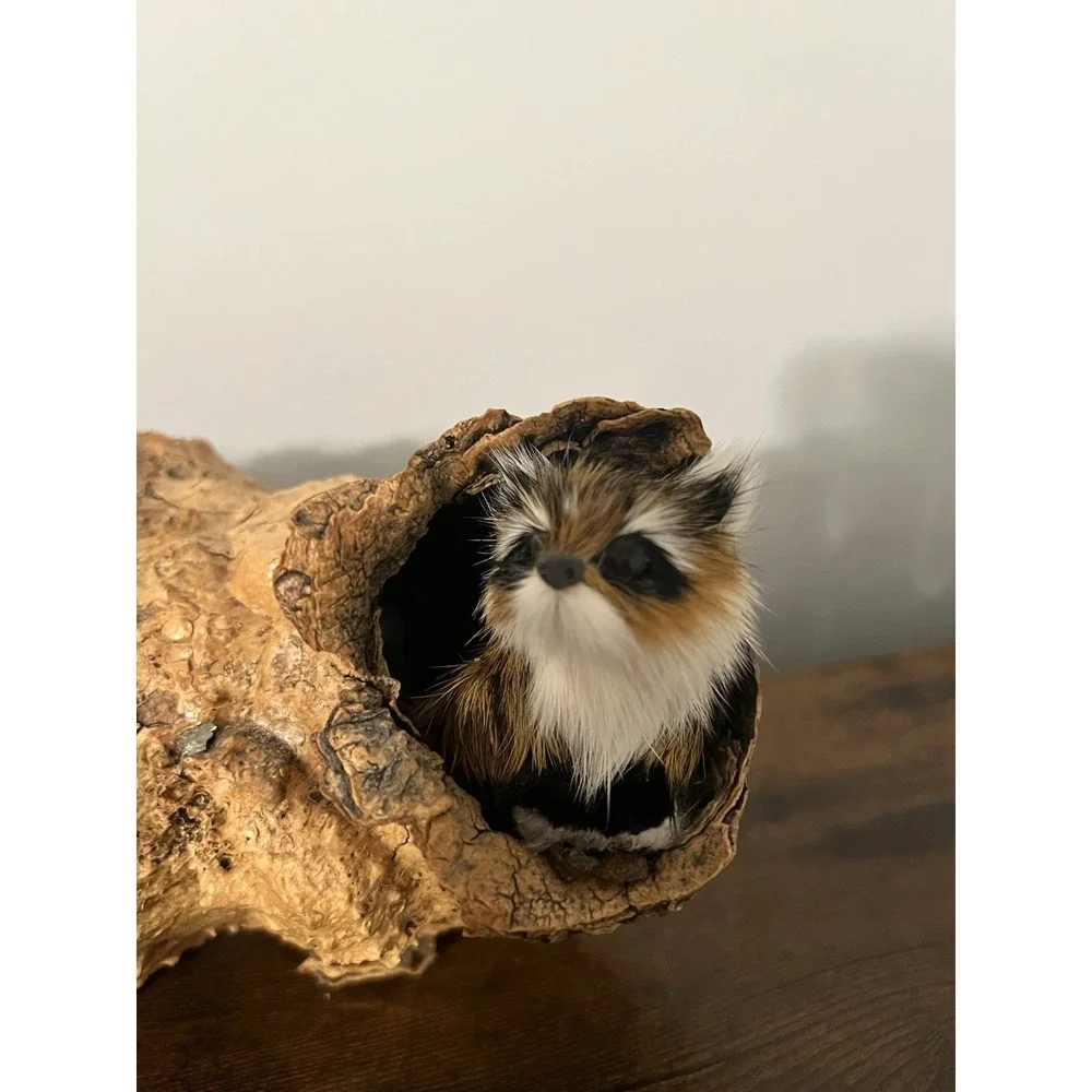 Faux Fur Woodland Critters in Cork Bark Log Display‎ Rustic Cabin Decor 10